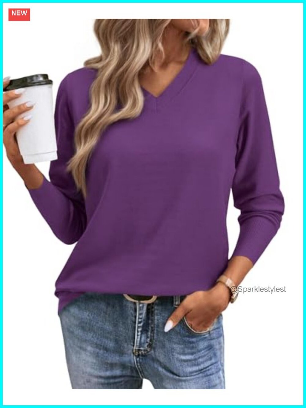 Women's Long Sleeve Ribbed Knit V Neck Pullover Sweater Lightweight